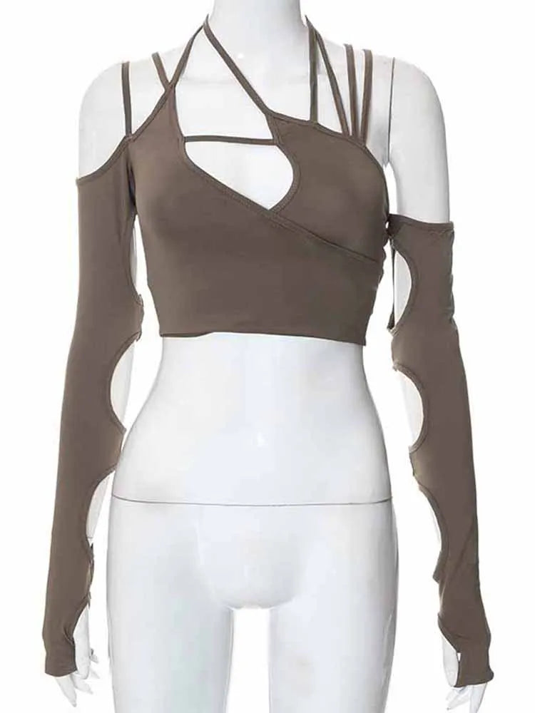 Halter Gothic Egirl Patchwork Long Sleeve Sexy Cut Out Crop Tops