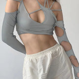 Halter Gothic Egirl Patchwork Long Sleeve Sexy Cut Out Crop Tops