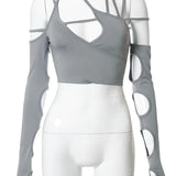 Halter Gothic Egirl Patchwork Long Sleeve Sexy Cut Out Crop Tops