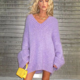 Purple Lantern Long Sleeve Oversized Jumper Top Women Fashion V Neck Sweater