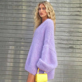 Purple Lantern Long Sleeve Oversized Jumper Top Women Fashion V Neck Sweater