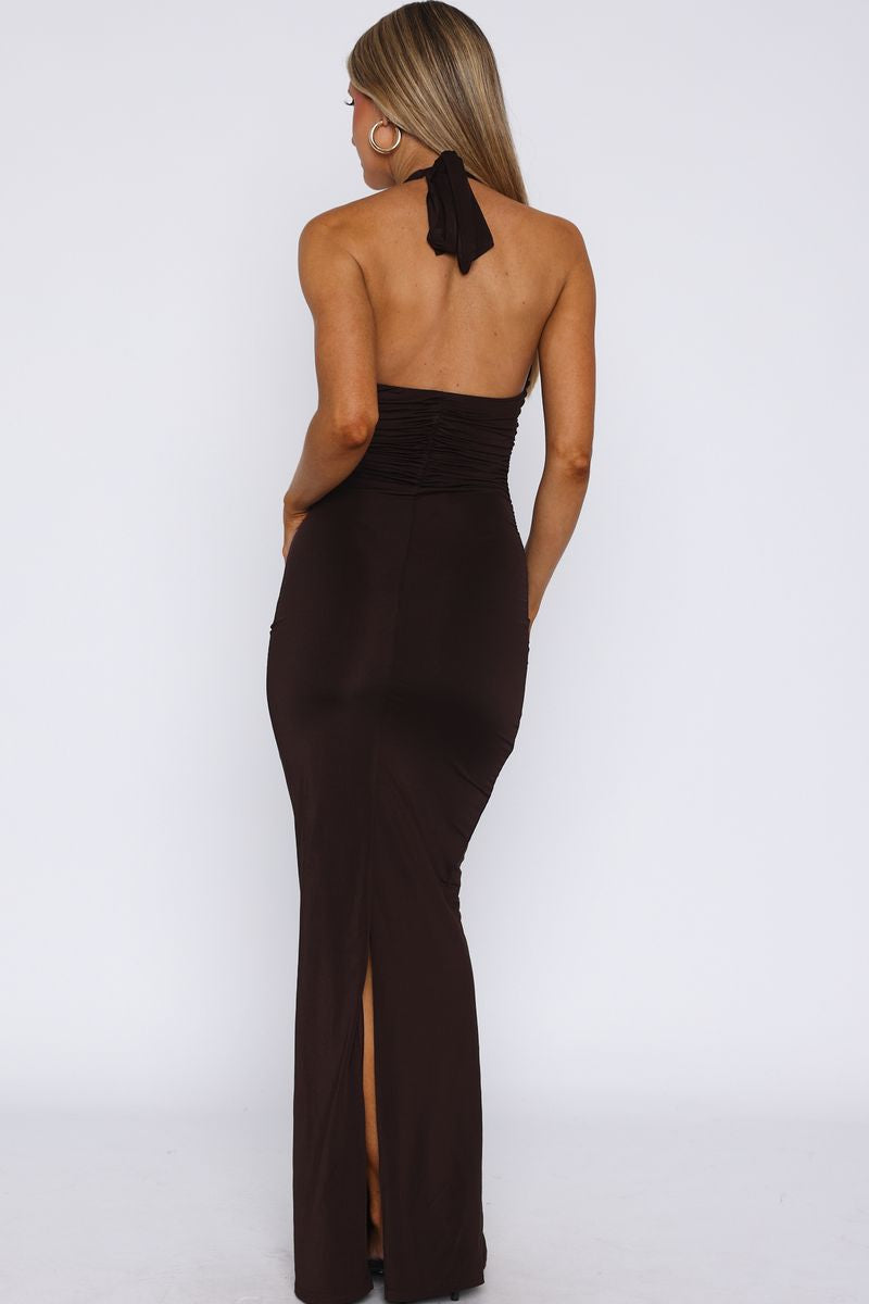Waste A Moment Halter Maxi Dress Chocolate