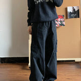 Women Pockets Elastic Waist Denim Wide Leg Streetwear Pants