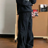 Women Pockets Elastic Waist Denim Wide Leg Streetwear Pants