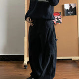Women Pockets Elastic Waist Denim Wide Leg Streetwear Pants