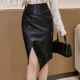 New PU Leather Office Lady High-Waist Slim Midi Skirt Bottom
