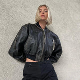 Stylish Short Bomber Leather Jacket Chic Zip Closure Leather Jacket