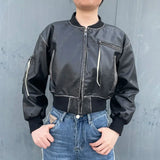 Stylish Short Bomber Leather Jacket Chic Zip Closure Leather Jacket