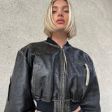 Stylish Short Bomber Leather Jacket Chic Zip Closure Leather Jacket