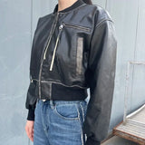 Stylish Short Bomber Leather Jacket Chic Zip Closure Leather Jacket