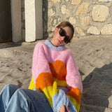 Rainbow Striped Printed Loose Knitted Pullover Women Fashion O Neck Long Sleeve Sweater