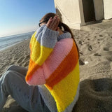 Rainbow Striped Printed Loose Knitted Pullover Women Fashion O Neck Long Sleeve Sweater