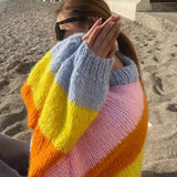 Rainbow Striped Printed Loose Knitted Pullover Women Fashion O Neck Long Sleeve Sweater