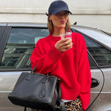 Red O-neck Knitted Loose For Women Chic Long Sleeve Thick Warm Sweater