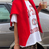 Red O-neck Knitted Loose For Women Chic Long Sleeve Thick Warm Sweater