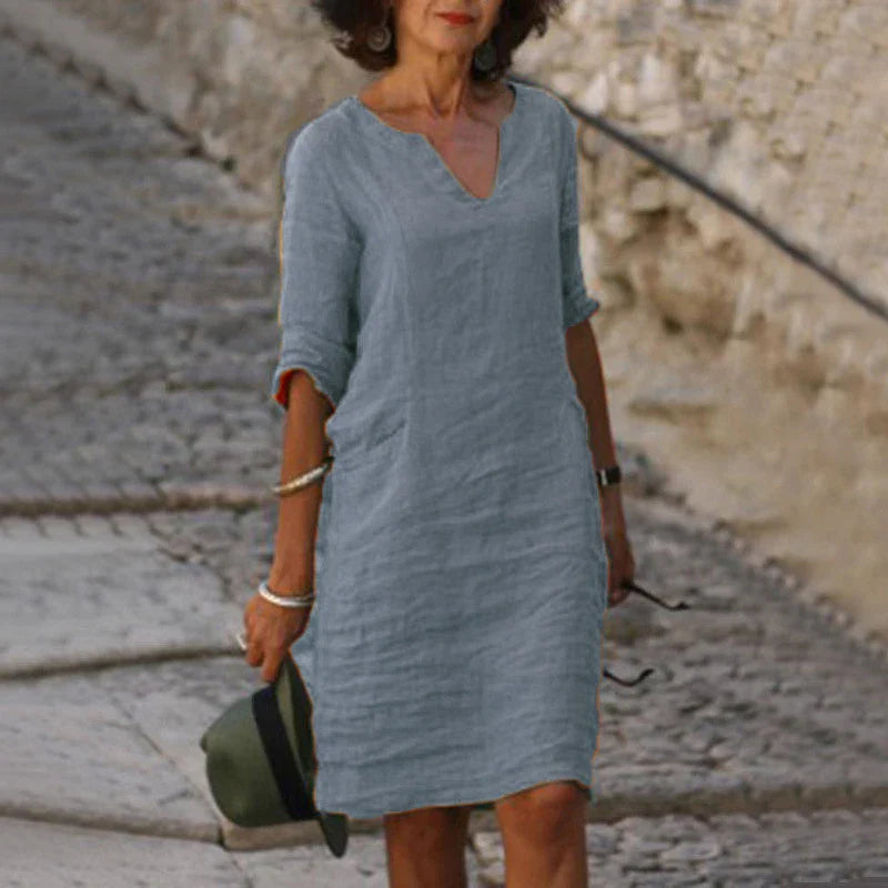 Plus Size Retro Cotton Linen V Neck Boho Dress