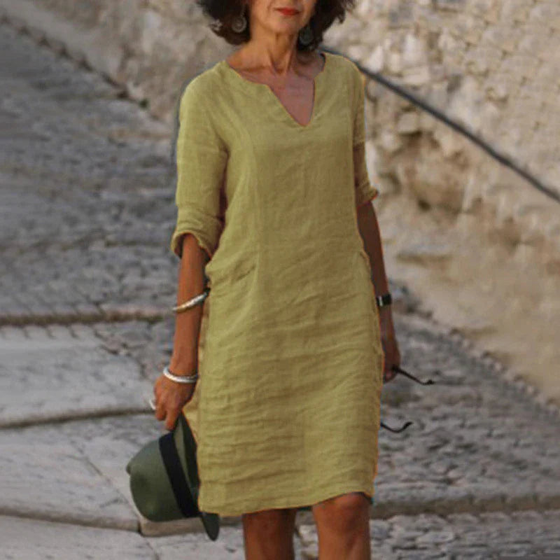 Plus Size Retro Cotton Linen V Neck Boho Dress