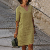 Plus Size Retro Cotton Linen V Neck Boho Dress