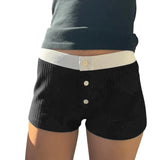 Striped Button Slim Patchwork Elastic High Waist Cotton Straight Pant Casual Shorts