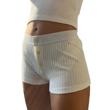 Striped Button Slim Patchwork Elastic High Waist Cotton Straight Pant Casual Shorts