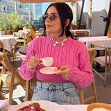 Rose Red Cropped Ribbed Pullover Women Elegant O Neck Long Sleeves Sweater