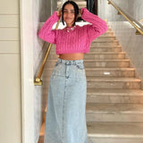 Rose Red Cropped Ribbed Pullover Women Elegant O Neck Long Sleeves Sweater