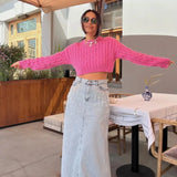 Rose Red Cropped Ribbed Pullover Women Elegant O Neck Long Sleeves Sweater