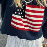 Round Neck Printed Knitted Loose Pattern Pullover Women Long Sleeve Sweater