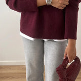 Round Neck Pullover Loose Jumper For Women Solid Sleeve Bottom Shirt Cosy Casual Sweater