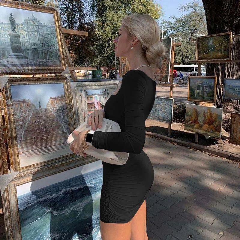 Ruched Long Sleeve Bodycon Sexy Party Elegant Streetwear 2025 Autumn Winter Mini Dress
