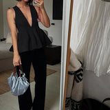 Ruffled Hem Deep V-neck Harem Office Two Piece Set