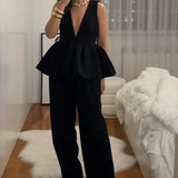 Ruffled Hem Deep V-neck Harem Office Two Piece Set