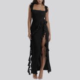Ruffles Chiffon Maxi Dress For Women 2025 Backless Split Sexy Black Long Wedding Party Elegant Luxury Chic Female