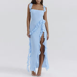 Ruffles Chiffon Maxi Dress For Women 2025 Backless Split Sexy Black Long Wedding Party Elegant Luxury Chic Female
