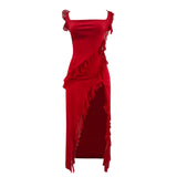 Ruffles Chiffon Maxi Dress For Women 2025 Backless Split Sexy Black Long Wedding Party Elegant Luxury Chic Female