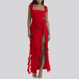 Ruffles Chiffon Maxi Dress For Women 2025 Backless Split Sexy Black Long Wedding Party Elegant Luxury Chic Female