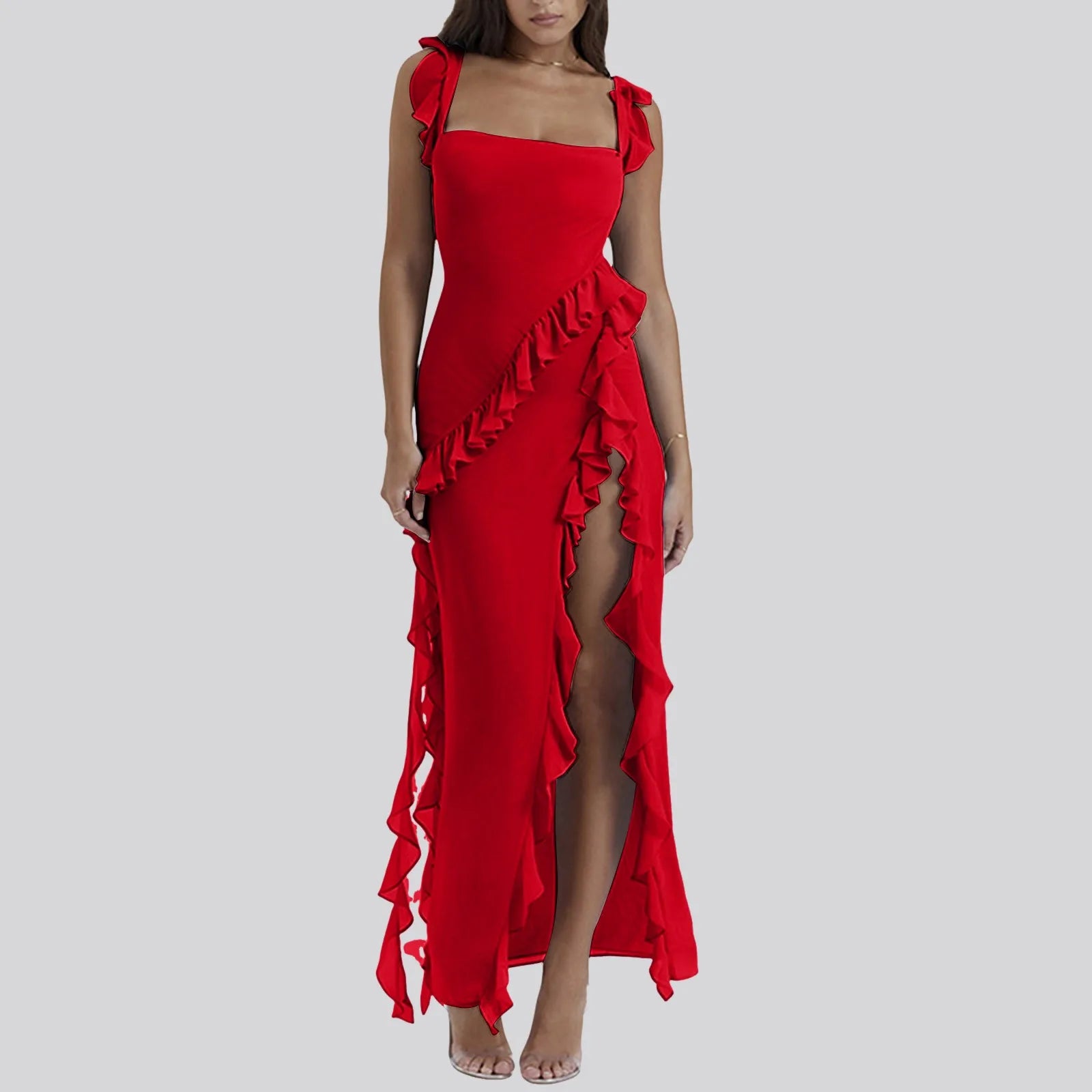 Ruffles Chiffon Maxi Dress For Women 2025 Backless Split Sexy Black Long Wedding Party Elegant Luxury Chic Female