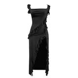 Ruffles Chiffon Maxi Dress For Women 2025 Backless Split Sexy Black Long Wedding Party Elegant Luxury Chic Female