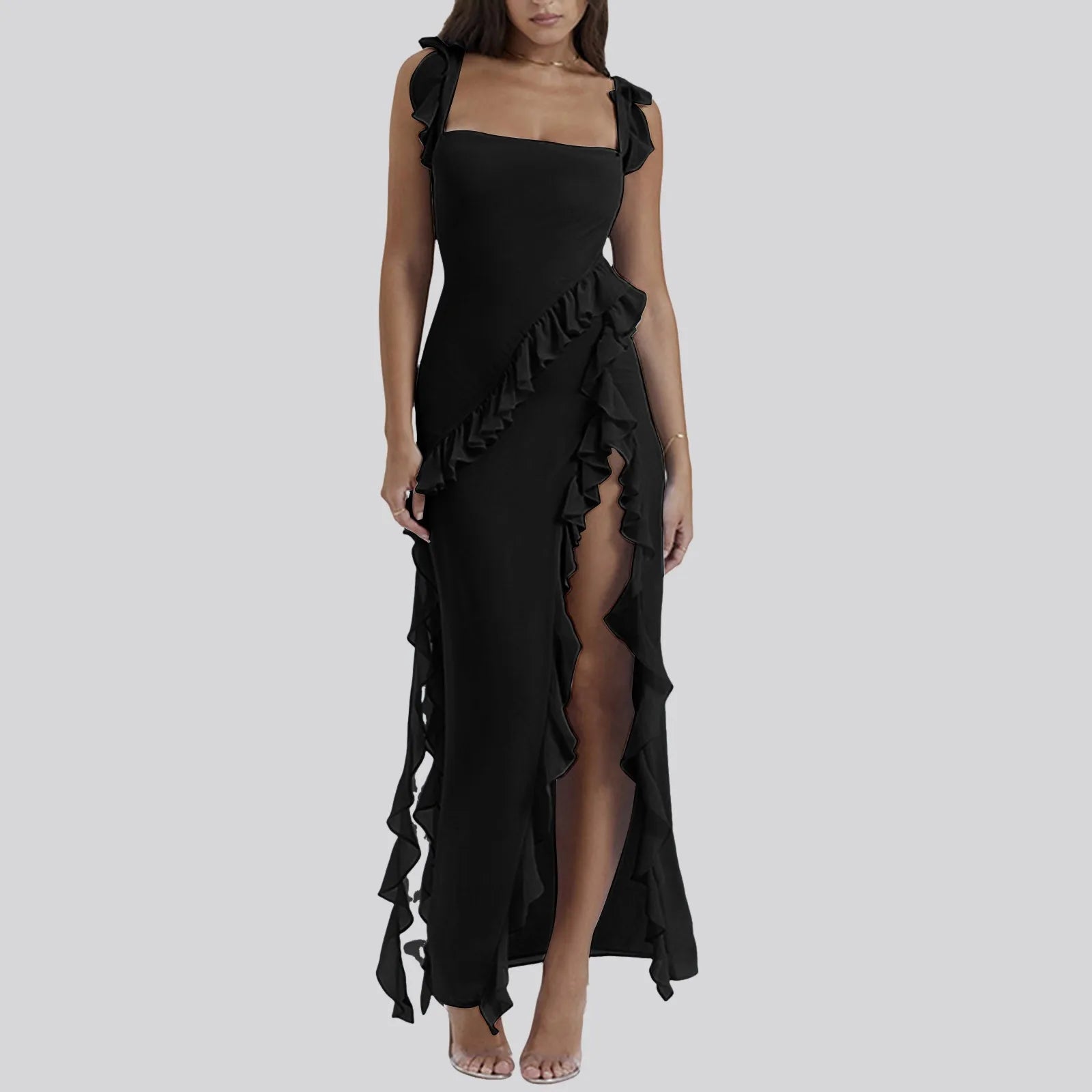 Ruffles Chiffon Maxi Dress For Women 2025 Backless Split Sexy Black Long Wedding Party Elegant Luxury Chic Female