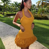 Fluff Patchwork Halter Mini Dress