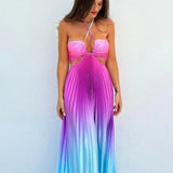 Satin Gradient Pleated Sleeveless Maxi Dress