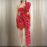 Solid Ruffles One Shoulder Strips Prom Mini Dress