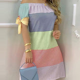 Women Off Shoulder Summer Mini Dress Short Sleeve Bow Tie Striped Plaid Floral Vestidos