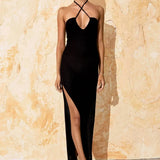Solid Backless Halter Knit Slit Maxi Dress