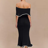 Strapless Ruffles Black Midi Dress
