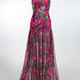 Strapless Retro Print Split Long Dress