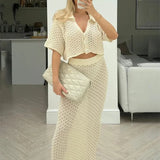 Knit Hollow Out Top and Long Skirt Suit