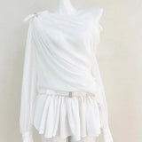 Skew Collar Lantern Sleeve Bowknot Mini Skirt Suit