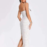 Women V Neck White Pearl Beading Maxi Dress