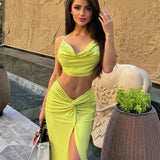 Swinging Collar Crop Tops Long Slit Skirts Suits